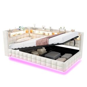 OKWISH ČALOUNĚNÁ postel 90/200 cm béžová z veluru s úložným prostorem, LED a nabíjením obraz