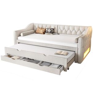 OKWISH DENNÍ postel 90/200 cm béžová z MDF a lnu s LED osvětlením, výsuvným lůžkem a 3 zásuvkami obraz
