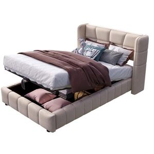 OKWISH POLOHOVACÍ postel 90/200 cm béžová z látky s úložným prostorem a čalouněným čelem obraz