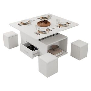 OKWISH KONFERENČNÍ stolek 100/50/45 cm bílý z dřevotřísky s hydraulickým zdvihem a úložnými taburety obraz
