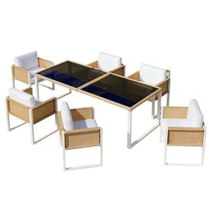 Modfu ZAHRADNÍ jídelní set z PE ratanu 170x80x75 cm hnědá/bílá se 6 židlemi, odnímatelnými potahy a nastavitelnými nožkami obraz
