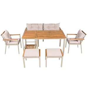 Modfu ZAHRADNÍ jídelní set z akáciového dřeva 171x35x81 cm béžový s odnímatelným servírovacím vozíkem pro 6–7 osob obraz