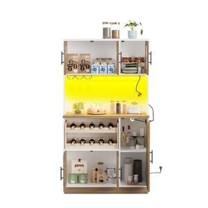 Modfu KUCHYŇSKÁ skříň z MDF 100x40x180 cm bílá/přírodní s RGB LED osvětlením, zásuvkami, USB a stojanem na víno obraz