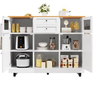 OKWISH KUCHYŇSKÝ ostrůvek 140/70/93, 5 cm bílý z MDF s pracovní deskou, kolečky a skládací deskou obraz
