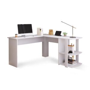 OKWISH ROHOVÝ stůl 140/140/75 cm bílý z MDF s policí a průchodkami na kabely obraz