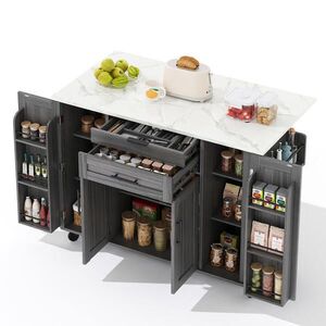 OKWISH POJÍZDNÝ kuchyňský ostrůvek 136/70/92 cm šedý z MDF s výsuvnou pracovní deskou a úložným prostorem obraz
