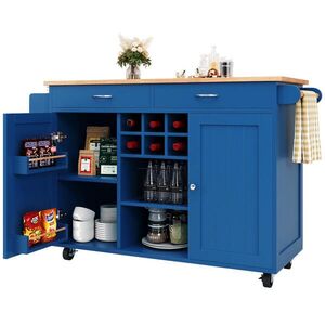 OKWISH KUCHYŇSKÝ ostrůvek 102/45/92 cm modrý z MDF a kovu s úložným prostorem a kolečky obraz