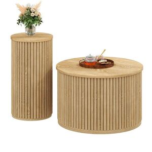 OKWISH KONFERENČNÍ stolek 60/60/38, 5 + 30/30/56 cm přírodní z MDF s dvojicí stolů a vertikálním žebrováním obraz