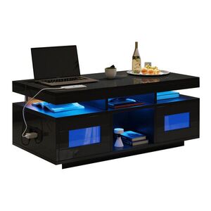 Redom KONFERENČNÍ stolek 100/50/43 cm s LED ovládáním přes aplikaci, zásuvkou a USB, dřevotříska ve vysokém lesku, Černá obraz
