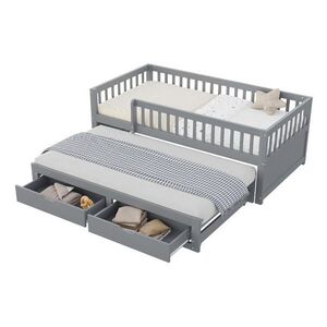 OKWISH POSTEL s přistýlkou 90/200 cm šedá z masivního dřeva se zábranou, zásuvkami a roštem obraz