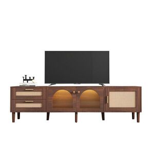 Modfu TV stolek z dřevotřísky 180x40x50 cm hnědý s LED osvětlením, ratanovými zásuvkami a skleněnými dvířky obraz