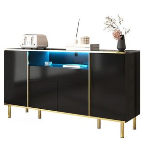 Modfu KOMODA z MDF a dřevotřísky 150x40x80 cm černá s LED osvětlením, 4 dvířky a zásuvkou ve vysokém lesku obraz