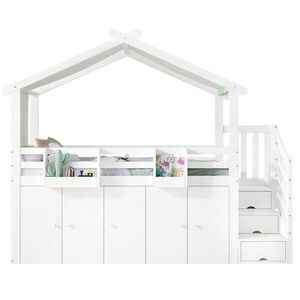 OKWISH PATROVÁ postel 90/200 cm bílá a zelená z borovice, MDF a překližky s úložnými schody a skříňkou obraz