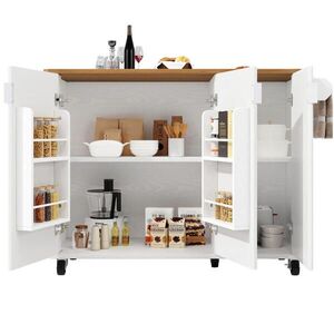 OKWISH KUCHYŇSKÝ ostrůvek 130/45(75)/92 cm bílý z MDF s kolečky a sklopnou deskou obraz