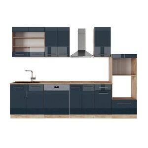 Vicco KUCHYŇSKÝ KOUT Fame-Line Tmavě modrý vysoký lesk/zlatý dub 300 cm s vysokou skříní, PD Dub obraz