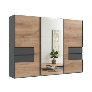 luma-home SKŘÍŇ S POSUVNÝMI DVEŘMI, 3dveřová, 300 × 216 × 65 cm (Š×V×H), korpus a zásuvky v barvě grafit, dveře v dekoru dub / zrcadlové / 22055 obraz