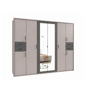 luma-home SKŘÍŇ S OTOČNÝMI DVEŘMI Š273/V210/H58 cm, pískově šedá s grafitovými akcenty, s paspartou, 2 zrcadlovými dveřmi a zásuvkami, černé úchytky / obraz