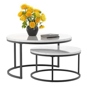OKWISH SADA dvou konferenčních stolků bílá a černá s železným rámem a deskou MDF 80/80/45 + 60/60/33, 5 cm obraz