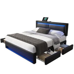 FLIEKS ČALOUNĚNÁ POSTEL 140x200 Černá PU LED USB 4 Zásuvky obraz