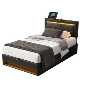 FLIEKS ČALOUNĚNÁ POSTEL 90x200 Černá PU LED USB Úložný Prostor obraz