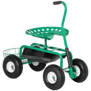 Outsunny ZAHRADNÍ VOZÍK s odklápěcím sedadlem do 150 kg s odkládacím košem na malé zahradní nářadí obraz