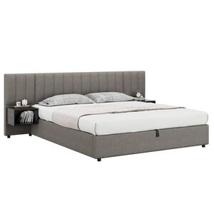 OKWISH ČALOUNĚNÁ postel 180/200 cm šedá a černá z lnu s úložným prostorem a 2 nočními stolky obraz