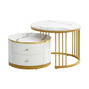Modfu KONFERENČNÍ stolky z MDF 60x60x45, 5 a 50x50x32 cm bílé s vysokým leskem, 2 zásuvkami a mramorovým dekorem obraz