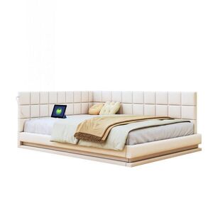 WISHDOR ČALOUNĚNÁ POSTEL 160x200 cm béžová s LED osvětlením a USB portem, lněný vzhled obraz