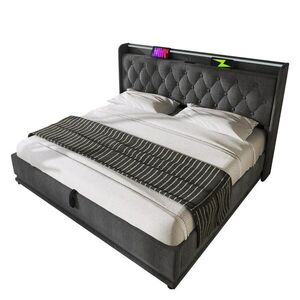 FLIEKS ČALOUNĚNÁ POSTEL 160x200 Šedá Len LED Úložný Prostor obraz