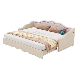 FLIEKS DAYBED 90x200 Béžová Samet Výsuvná LED USB obraz