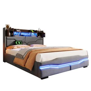 WISHDOR ČALOUNĚNÁ POSTEL 140/200 cm v šedé lněné látce s úložným prostorem, LED osvětlením a USB/Type-C obraz