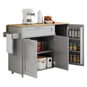 Modfu KUCHYŇSKÝ vozík z MDF 132, 5x44(70)x90 cm šedý se sklápěcí deskou, 5 kolečky a nastavitelným úložným prostorem obraz