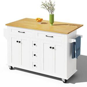 Modfu KUCHYŇSKÝ vozík z MDF 140x40(65)x89 cm bílá/přírodní s rozkládací deskou, zásuvkami, skříňkami a kolečky obraz