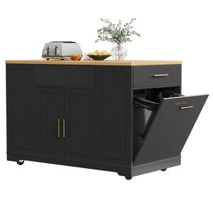 Modfu KUCHYŇSKÝ ostrůvek z MDF a kovu 120x50x92 cm černý s košem, 2 dvířky, 3 zásuvkami a kolečky obraz
