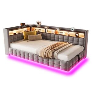 Modfu ČALOUNĚNÁ postel ze sametu 90x200 cm světle šedá s LED osvětlením, USB, USB-C, zásuvkou a hydraulickým úložným prostorem obraz
