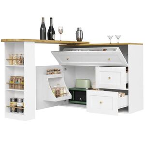 Modfu BAROVÝ stůl z MDF a kovu 138-204x39x105 cm bílý s úložným prostorem, otočnou deskou a výklopnými zásuvkami obraz