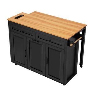 Modfu KUCHYŇSKÝ ostrůvek z MDF 120x75x92 cm černý s výsuvnou deskou, zásuvkami, USB a USB-C, prostorem na odpad obraz