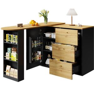 Modfu BAROVÝ stůl z MDF 138-204x39x104 cm černý otočný o 360° a výsuvný s úložným prostorem a 3 zásuvkami obraz