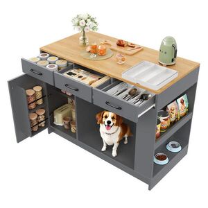 Modfu KUCHYŇSKÝ ostrůvek z MDF 120x60x90 cm přírodní/šedý se 3 zásuvkami, policí na koření a prostorem pro mazlíčka obraz