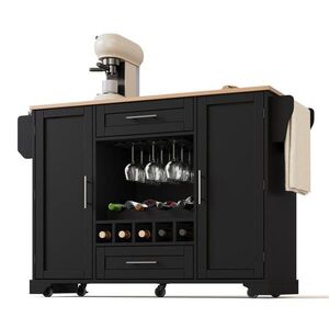 Modfu KUCHYŇSKÝ vozík z MDF 138x45(70)x92 cm černá/přírodní s výklopnou deskou, stojanem na víno a kolečky obraz