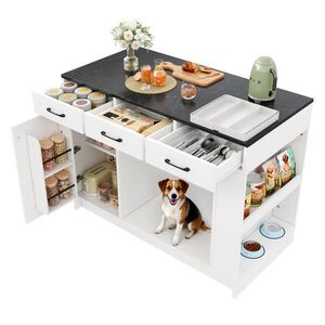 Modfu KUCHYŇSKÝ ostrůvek z MDF 120x60x90 cm bílý se 3 zásuvkami, policí na koření a prostorem pro mazlíčka obraz