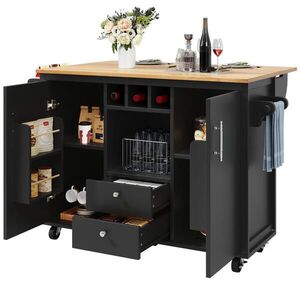Modfu KUCHYŇSKÝ ostrůvek z MDF a kovu 137, 9x73x92, 2 cm černý se sklápěcí deskou, policí na víno a 5 kolečky obraz