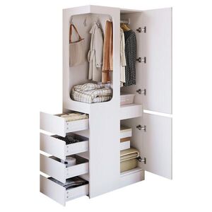 Modfu ŠATNÍ skříň z borovice a dřeva 70x40x170 cm bílá s 1 dveřmi, 4 zásuvkami a otevřenou šatní částí obraz