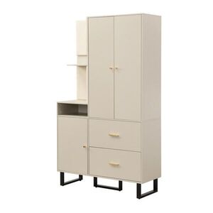 Modfu PŘEDSÍŇOVÁ šatní skříň z MDF 110x38x186 cm béžovo-šedá s výsuvnou tyčí, zásuvkami a čalouněnými panely obraz