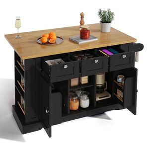 Modfu KUCHYŇSKÝ ostrůvek z MDF 132x40(70)x87 cm přírodní/černý s výklopnou deskou, zásuvkami, kolečky a zásuvkou USB obraz