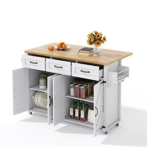 Modfu KUCHYŇSKÝ ostrůvek z MDF 140x43(70)x90, 5 cm bílá/přírodní se sklápěcí deskou, zásuvkami a kolečky obraz