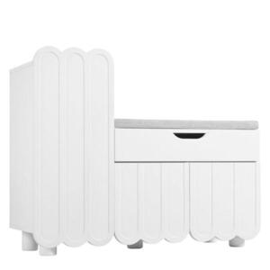 Modfu BOTNÍK z MDF 90x35x74, 5 cm bílý s polstrovaným sedákem, zásuvkou a 3 dvířky obraz
