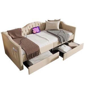 WISHDOR ČALOUNĚNÁ POSTEL 90/200 cm béžová samet s 2 zásuvkami, USB portem a Type-C obraz