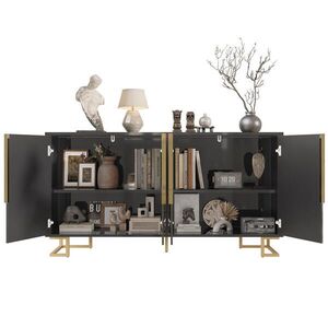OKWISH BOČNÍ skříň 152/40/75 cm černá z MDF s geometrickými dvířky a zlatými detaily obraz
