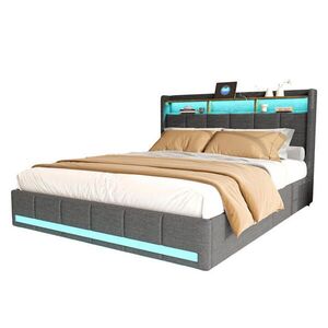 SHOPENTRA ČALOUNĚNÁ postel 180x200 cm šedá látka LED USB Type-C 4 zásuvky obraz